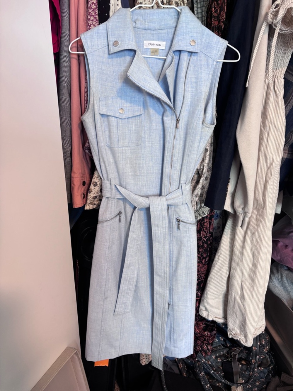 Calvin Klein Light Blue Sleeveless Zip Dress with Belt